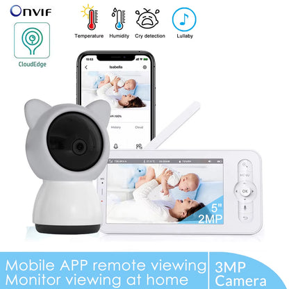 5-Inch 3MP Wireless Baby Monitor with Night Vision, Pan-Tilt-Zoom Functionality, Lullabies, and Environmental Sensors for Temperature and Humidity Monitoring