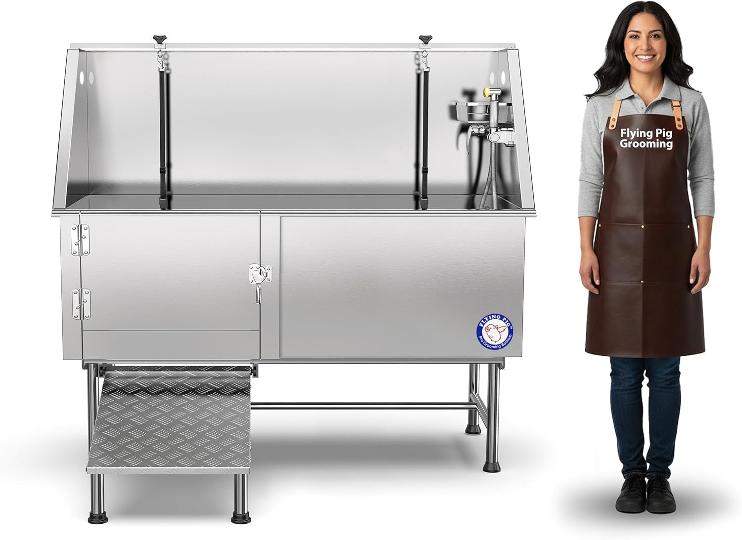 62" Stainless Steel Pet Grooming Bath Tub with Walk-In Ramp and Accessories (Left Door/Right Drain)