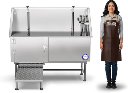 62" Stainless Steel Pet Grooming Bath Tub with Walk-In Ramp and Accessories (Left Door/Right Drain)