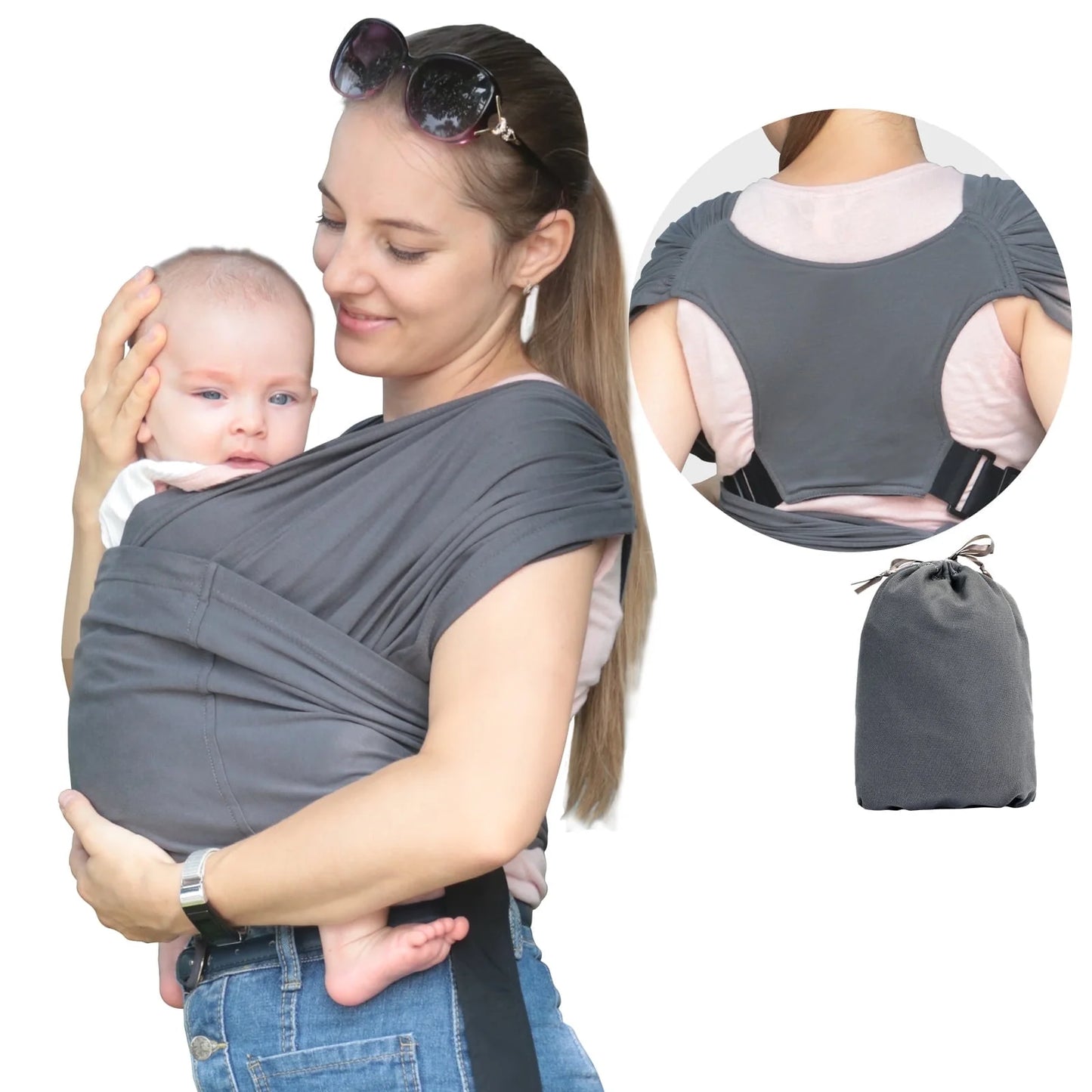 Organic Cotton Infant and Toddler Wrap Carrier in Dark Gray, Supports Weights Up to 35 lbs