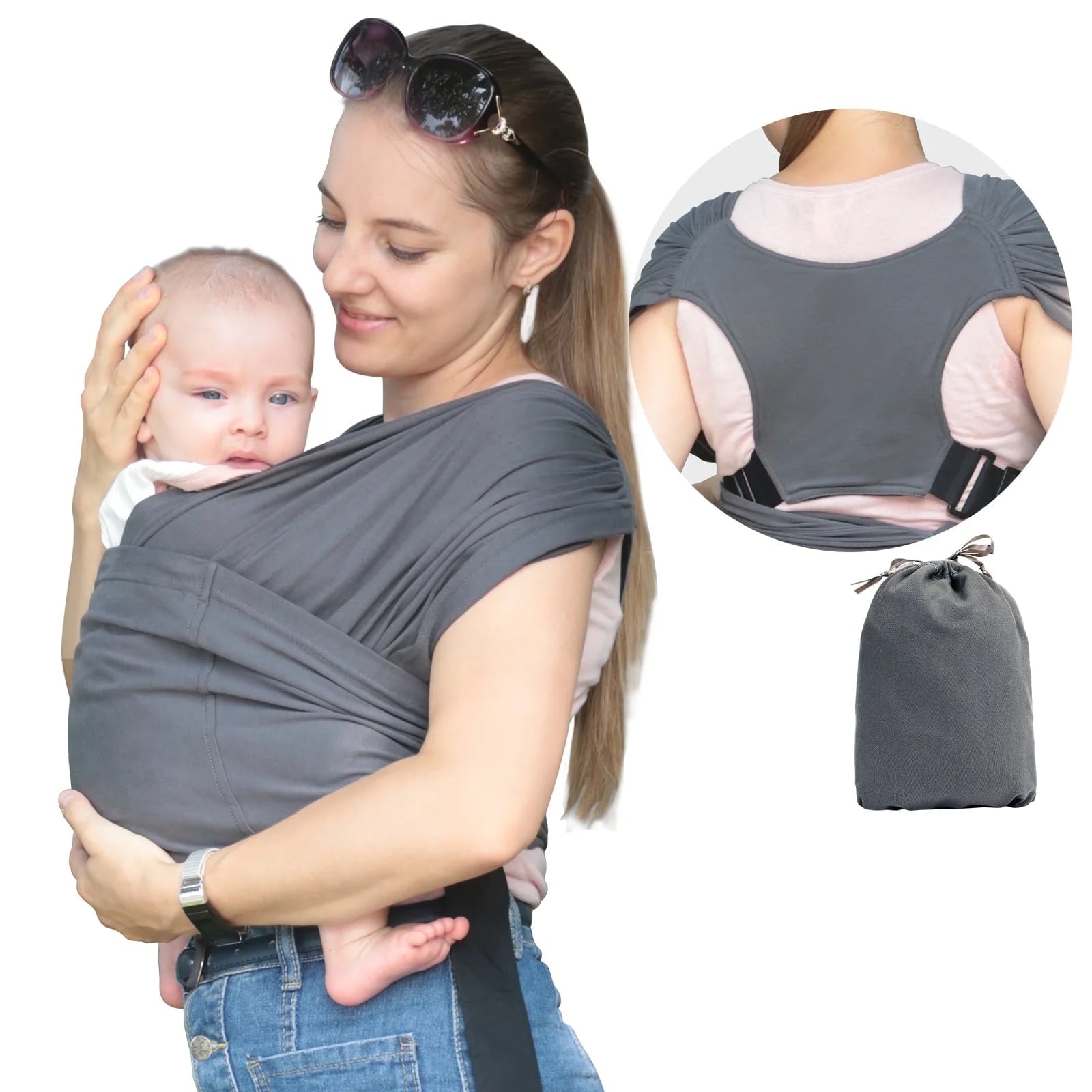 Organic Cotton Infant and Toddler Wrap Carrier in Dark Gray, Supports Weights Up to 35 lbs