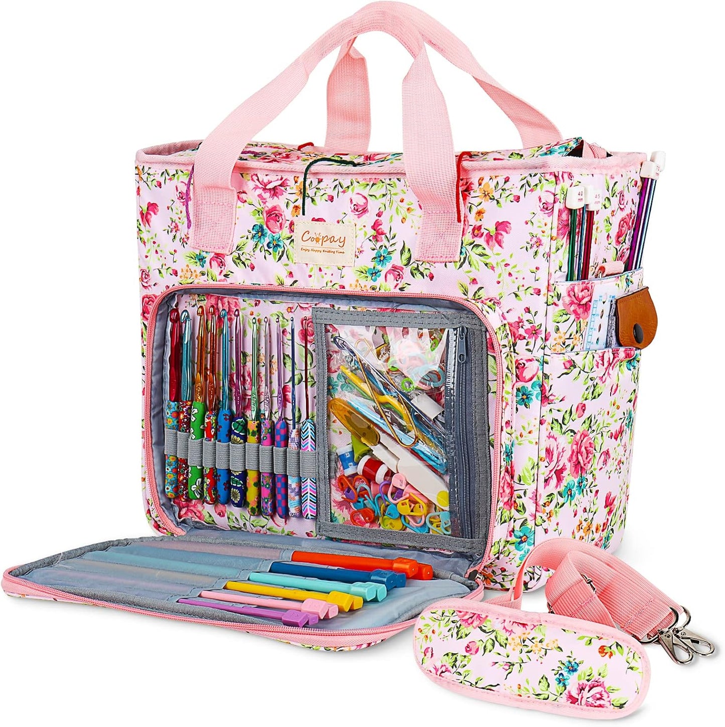 Large Crochet Bag Knitting Bags and Totes Organizer, Traveling Crochet Bags Yarn Bag for Carrying Crochet Hooks, Knitting Kit, Skein Yarn Wool, Project, Knitting & Crochet Supplies, Pink Flower
