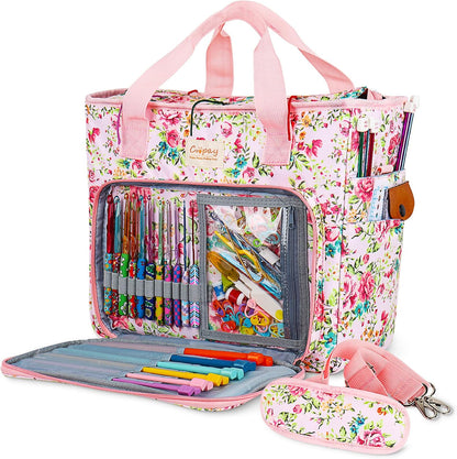 Large Crochet Bag Knitting Bags and Totes Organizer, Traveling Crochet Bags Yarn Bag for Carrying Crochet Hooks, Knitting Kit, Skein Yarn Wool, Project, Knitting & Crochet Supplies, Pink Flower