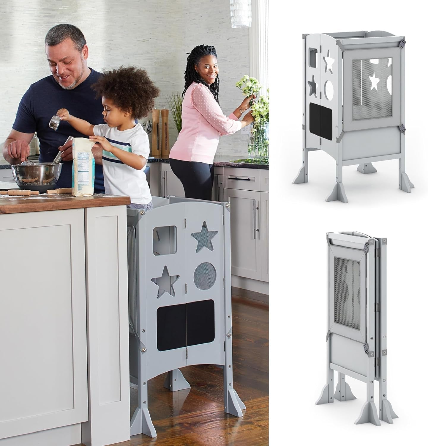 Classic Kitchen Helper® Toddler Tower - Gray: Folding and Adjustable Learning Step Stool with Chalkboard | Montessori Collapsible Safety Non-Slip Platform