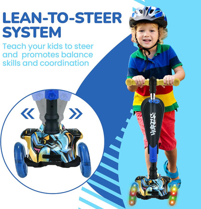 3-Wheeled Scooter for Children - LED Wheel Lights, Adjustable Lean-To-Steer Handlebar, and Foldable Seat - Versatile Ride Options with Brake for Ages 1-14