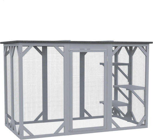 Outdoor Cat House - Wooden Feral Cat Shelter with Platforms, Large Entrance, Weather Protection Asphalt Roof, 71" L, Gray