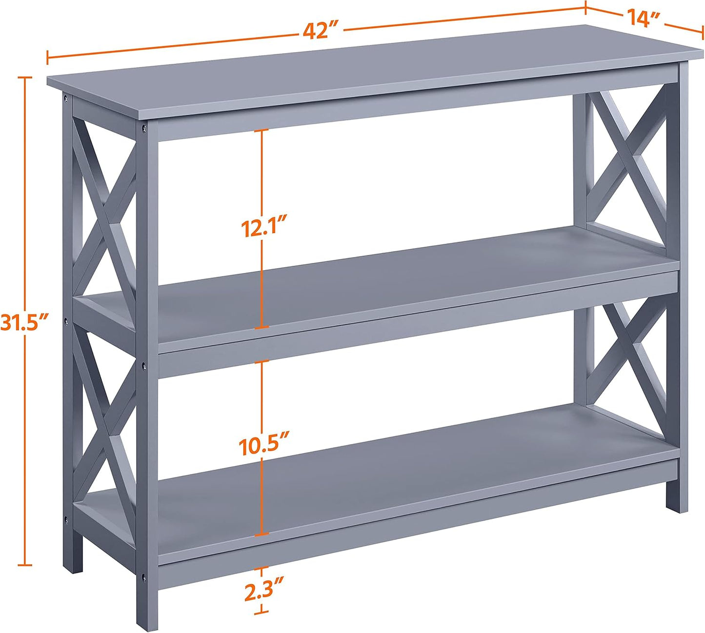 Gray Console Table with Three Storage Shelves - Slim Entryway and Sofa Side Table for Hallway and Living Room Accent Furniture