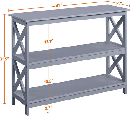 Gray Console Table with Three Storage Shelves - Slim Entryway and Sofa Side Table for Hallway and Living Room Accent Furniture