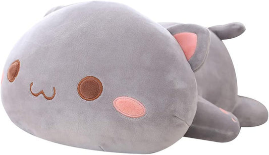 Soft Plush Cat Pillow Toy - 19.6" Kitten Stuffed Animal Gift for Kids (Grey with Round Eyes)