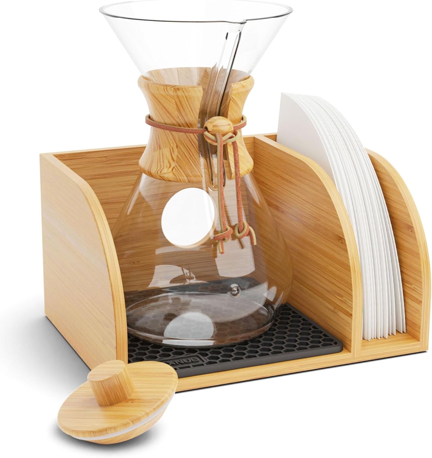 Caddy and Lid for Pour over Coffee Maker, Bamboo Stand Fits Chemex, Bodum, Cosori Coffee Carafes, Heatproof Mat, Filter Holder - Black Mat