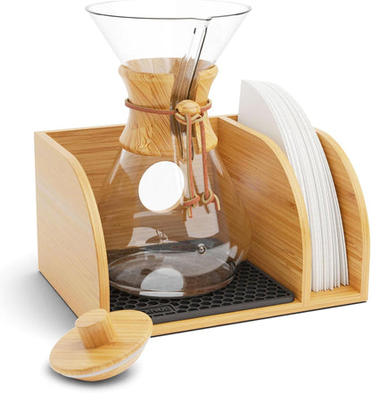 Caddy and Lid for Pour over Coffee Maker, Bamboo Stand Fits Chemex, Bodum, Cosori Coffee Carafes, Heatproof Mat, Filter Holder - Black Mat