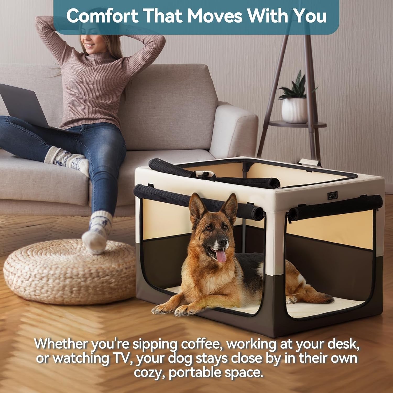 24" Indoor Soft Dog Crate – Adjustable Patented Spiral Steel Frame, Collapsible Portable Kennel for Home Use, Small Dogs, 3 Lockable Mesh Door, Thicken Mat, Brown