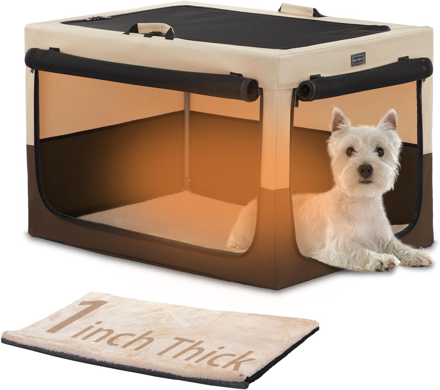 24" Indoor Soft Dog Crate – Adjustable Patented Spiral Steel Frame, Collapsible Portable Kennel for Home Use, Small Dogs, 3 Lockable Mesh Door, Thicken Mat, Brown