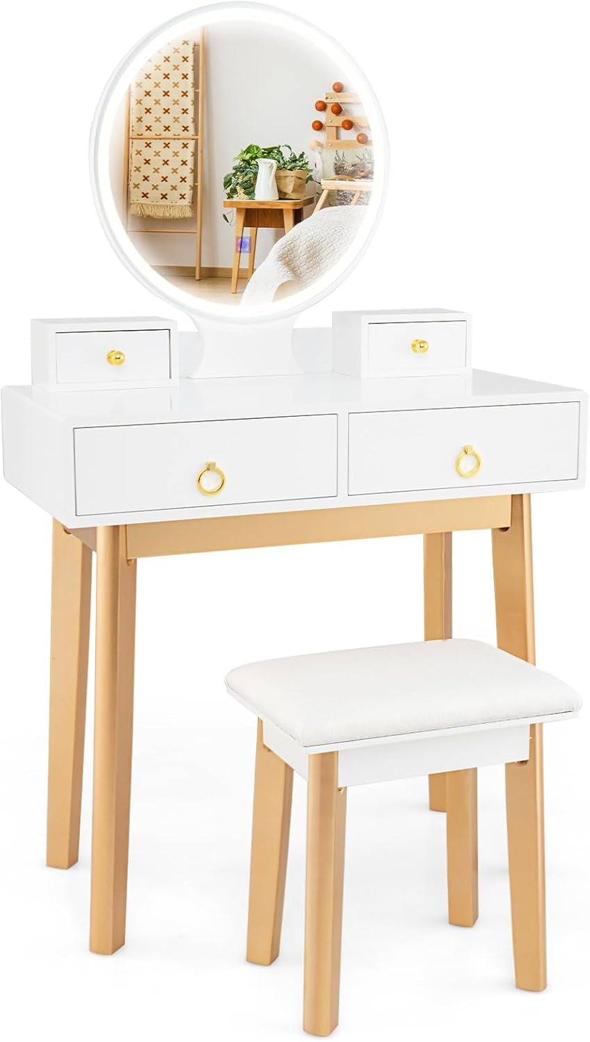 Modern White Vanity Desk with Mirror and Adjustable Lighting, Featuring 4 Drawers and Stool for Small Bedrooms