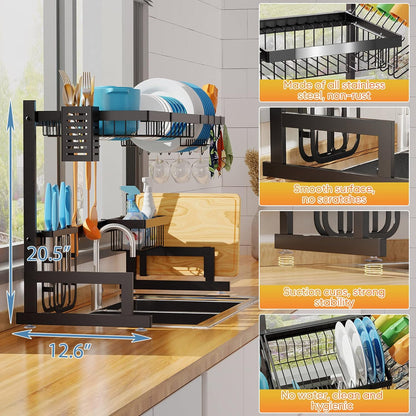 Stainless Steel Over-Sink Dish Drying Rack, Adjustable 2-Tier Large Dish Drainer for Kitchen Organization, Black (Standard 26"-38")