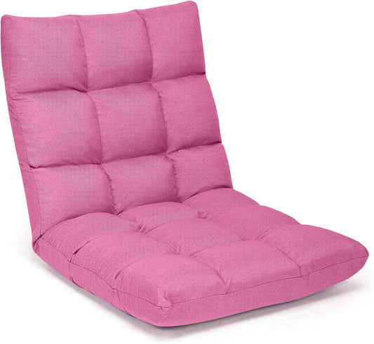 Adjustable 14-Position Gaming Sofa Chair with Cushioned Folding Recliner, High Resilience Sponge, Breathable Cotton and Linen Fabric, Removable Cover - Pink