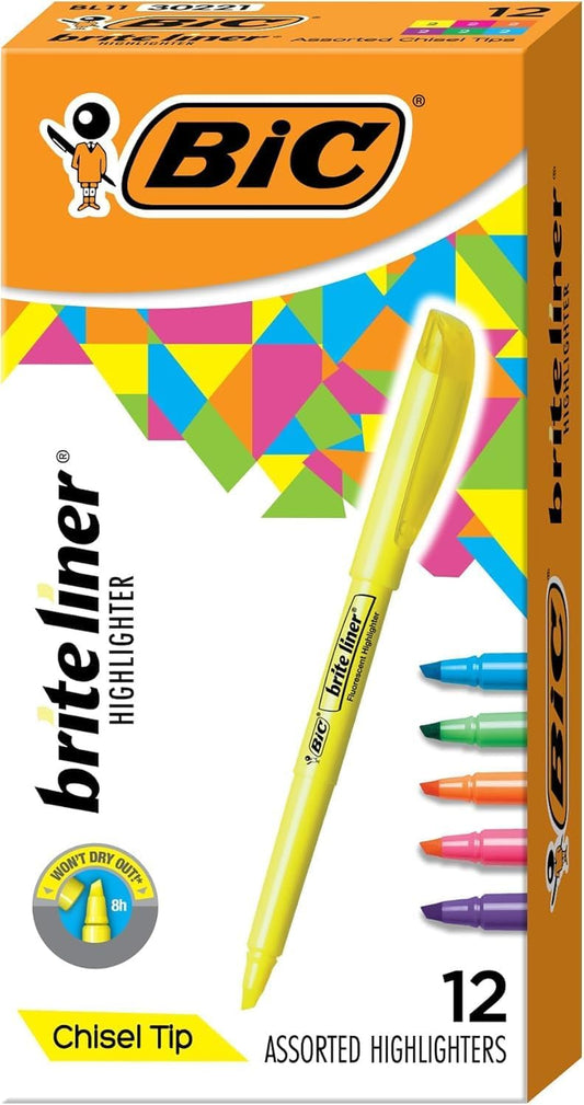 Brite Liner Highlighters, Chisel Tip, 12-Count Assorted Colors, Perfect for Organization and Creative Projects