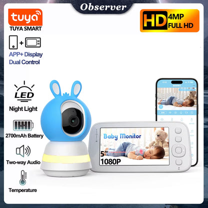 2K 4MP Tuya Smart Baby Monitor with 5-Inch Portable Display, Remote App Control, Cry Detection, Auto Night Vision, and Nanny Features
