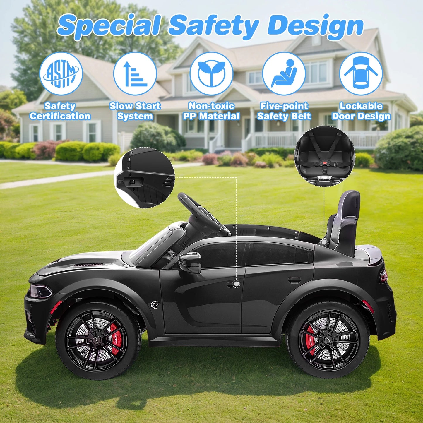 Dodge Licensed 12V Electric Ride-On Car for Kids - Charger SRT Hellcat with Parental Remote Control, Music Player, LED Lights, and Safety Belt, Black