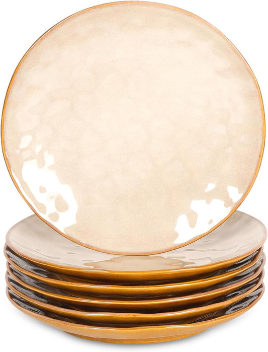 Ceramic Dinner Plates Set, 10.5 Inch, Set of 6, Round, Microwave, Oven, Dishwasher Safe, Porcelain Fluted Suitable for Steak, Pasta, Pizza, Home, Party, Restaurant (Beige)