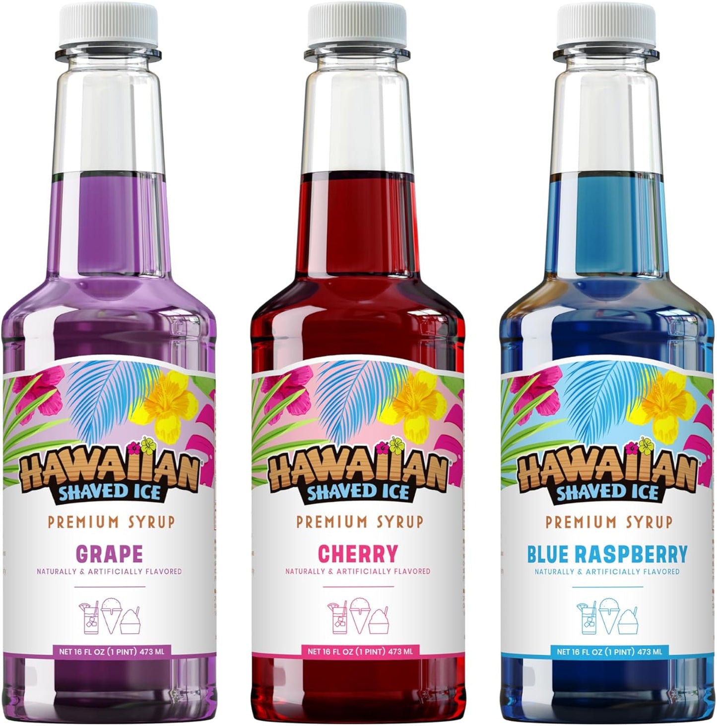 Syrup Assortment, 3 - 16Oz Bottles of the Most Popular Flavors: Cherry, Grape, Blue Raspberry. Perfect for Shaved Ice, Snow Cones, Sodas, Ice Pops, and Slushies. Allergy-Friendly