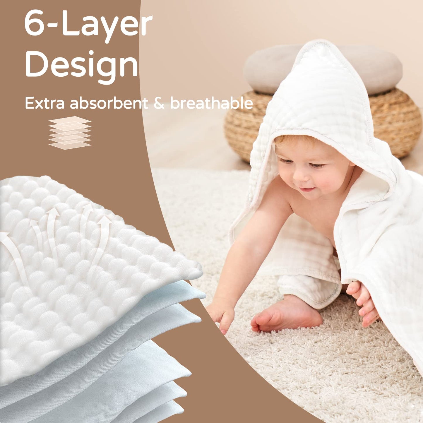 Hooded Muslin Cotton Baby Towels for Newborns - Soft, Absorbent Bath Towel with Hood for Infants and Toddlers, Large 32x32 Inches, Essential for Newborn Care