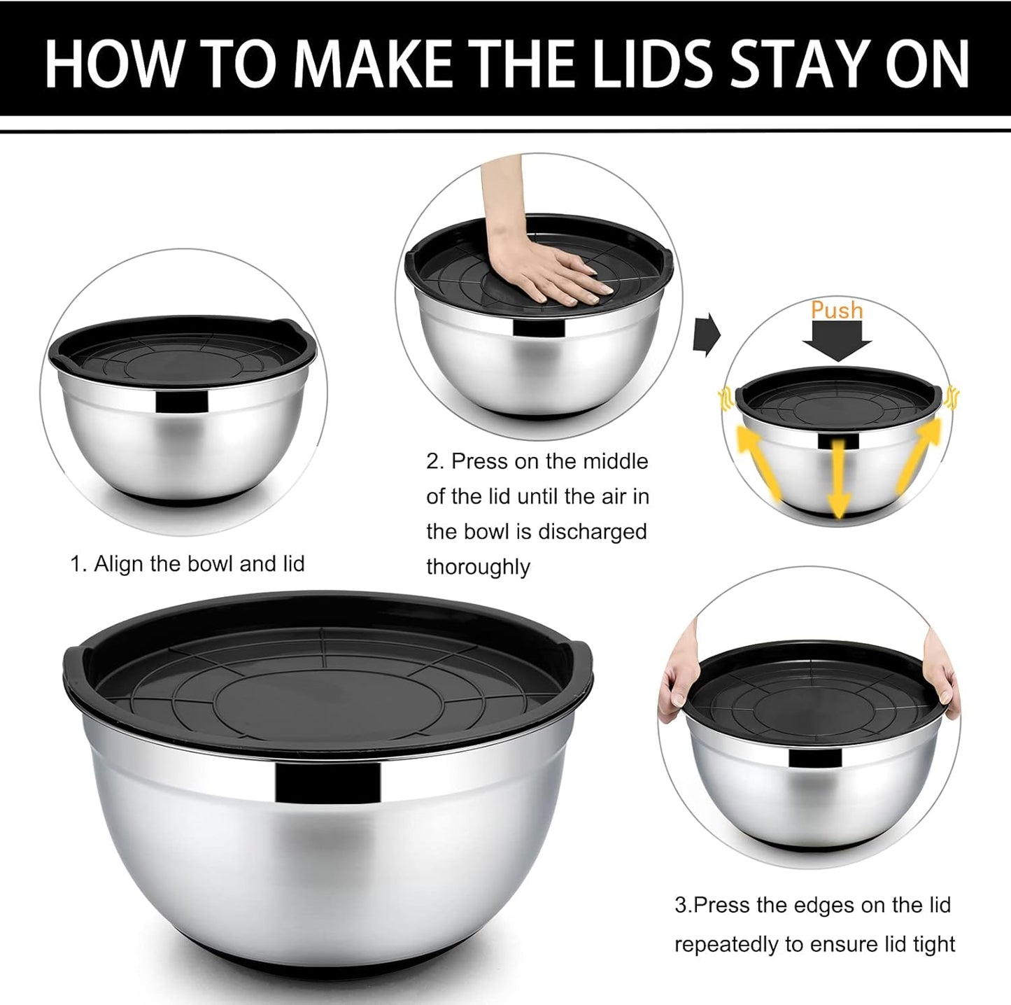 Mixing Bowls with Lids, Set of 6, Stainless Steel Nesting Mixing Bowls & Fitting Lids & Non-Slip Silicone Bottom, Ideal for Mixing, Storing, Size 0.7/1/1.5/2.5/3/4.6 Qt, Black
