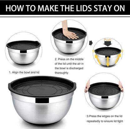 Mixing Bowls with Lids, Set of 6, Stainless Steel Nesting Mixing Bowls & Fitting Lids & Non-Slip Silicone Bottom, Ideal for Mixing, Storing, Size 0.7/1/1.5/2.5/3/4.6 Qt, Black