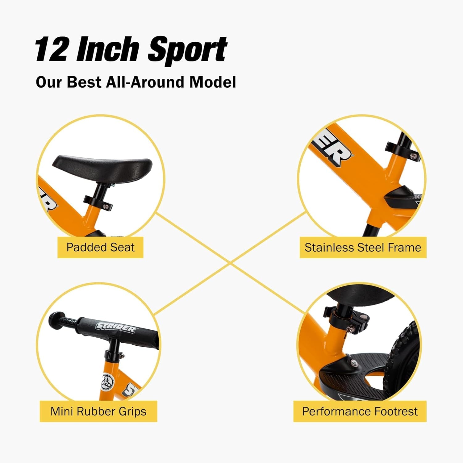 12-Inch Balance Bicycle for Children Ages 1 to 4 - Features Safety Pad, Padded Seat, Mini Grips, and Flat-Free Tires - Easy Tool-Free Assembly and Adjustments