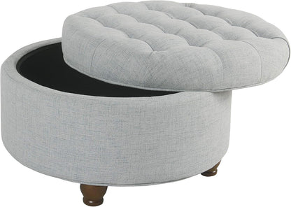 Button-Tufted Round Woven Storage Ottoman in Light Blue for Living Room and Bedroom