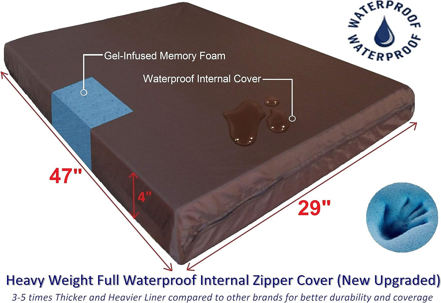 Orthopedic Gel Memory Foam Pet Dog Bed, Waterproof Liner with External Microsuede Cover and Bonus Antislip Cover (Microsuede Gray, 47"X29"X4" Inches)