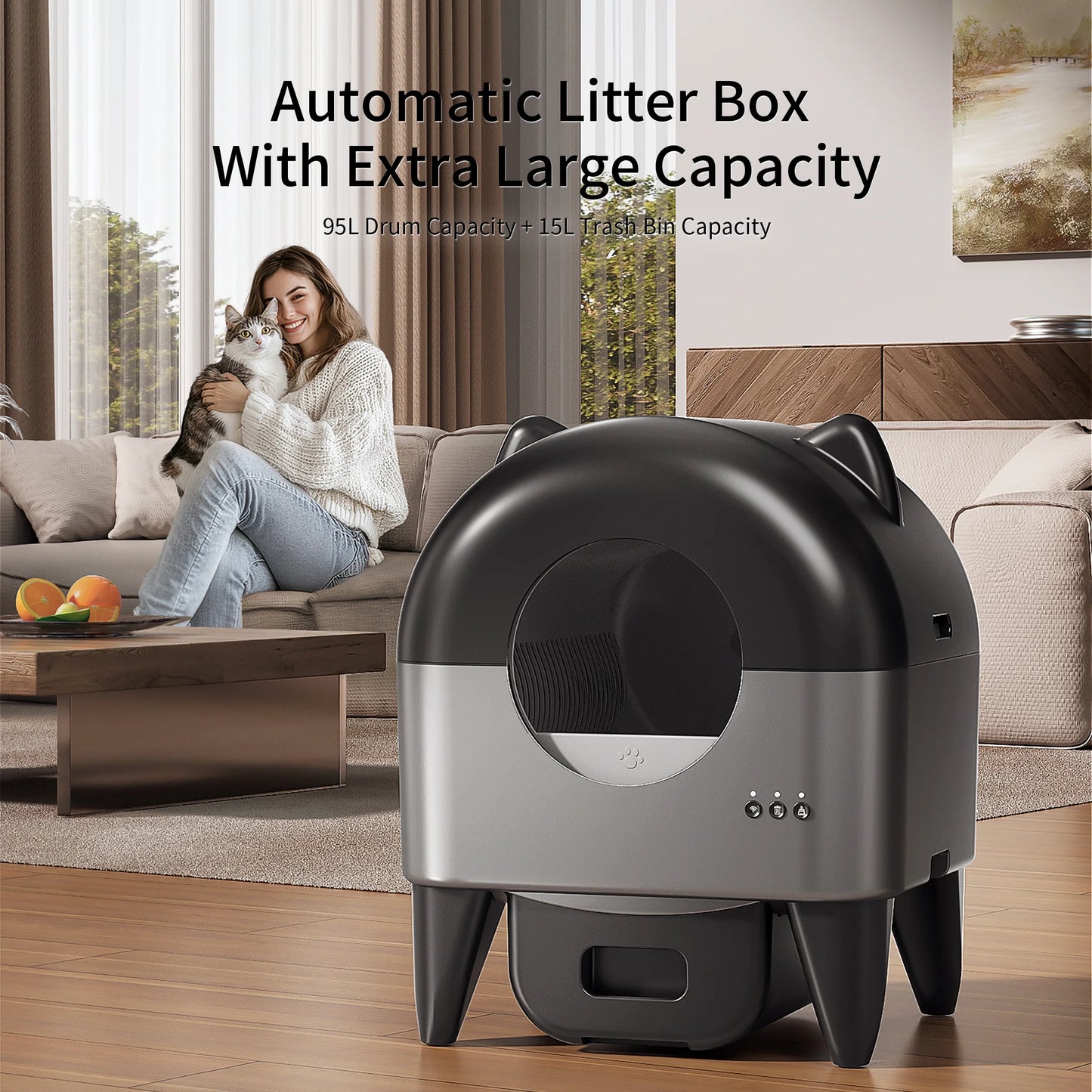 Self Cleaning Cat Litter Box, Automatic Smart Litter Box for Multiple Cats with 10 Safety Sensor Radars, 110L Electric Cat Box with App-Control, Odor Control, Quiet Operation, Black