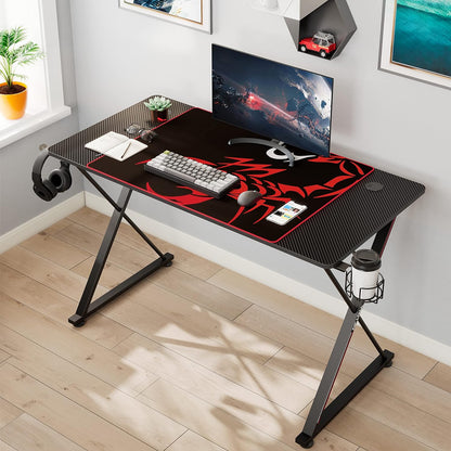 47-Inch X-Shaped Gaming Desk with Mouse Pad, Headphone Hook, Controller Stand, and Cup Holder