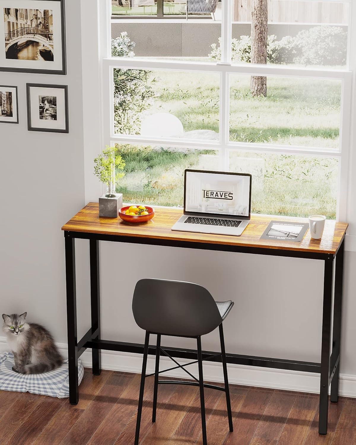 Rectangular Bar Height Pub Table with Sturdy Metal Frame, 47.24" Teak Finish for Kitchen, Dining, and Living Room