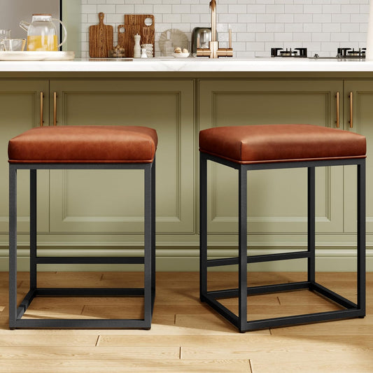 Set of 2 Modern 24" Backless Bar Stools for Kitchen Counter - Industrial Upholstered Faux Leather in Brown, Ideal for Farmhouse Islands