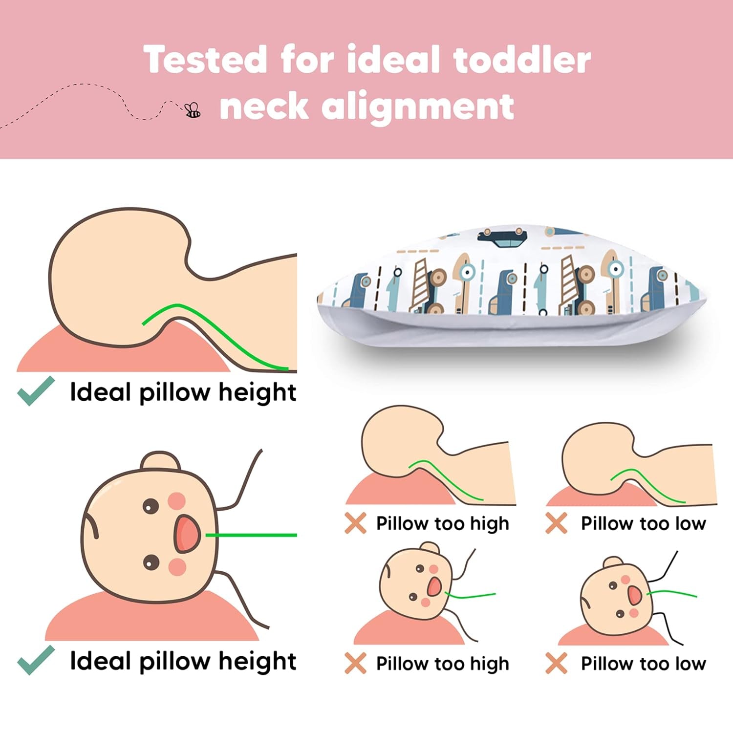 Toddler Travel Pillow with Organic Cotton Pillowcase - 13x18 My Little Dreamy Design, Soft & Breathable, Machine Washable, Ideal for Ages 2-5 (Vroom)