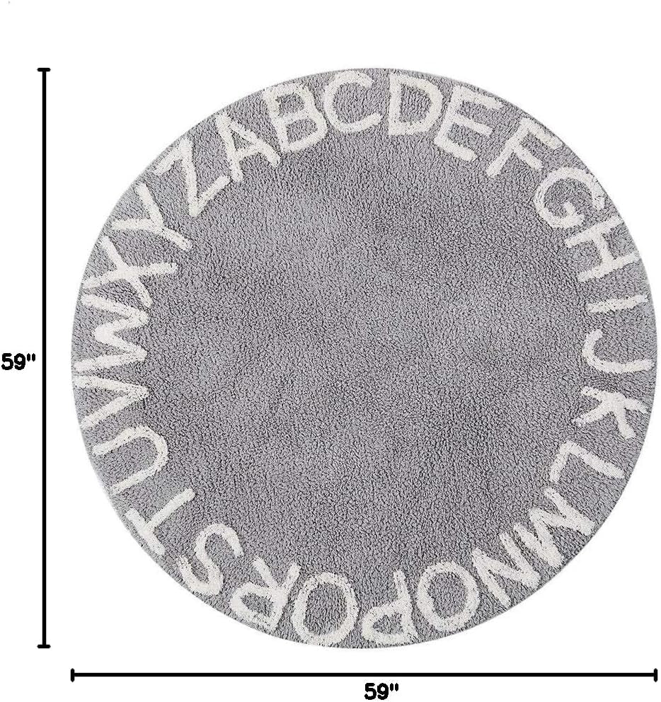 ABC Kids Rug - 59-Inch Round Cotton Alphabet Carpet in Grey and White, Soft and Educational for Playroom and Nursery
