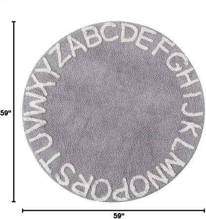 ABC Kids Rug - 59-Inch Round Cotton Alphabet Carpet in Grey and White, Soft and Educational for Playroom and Nursery