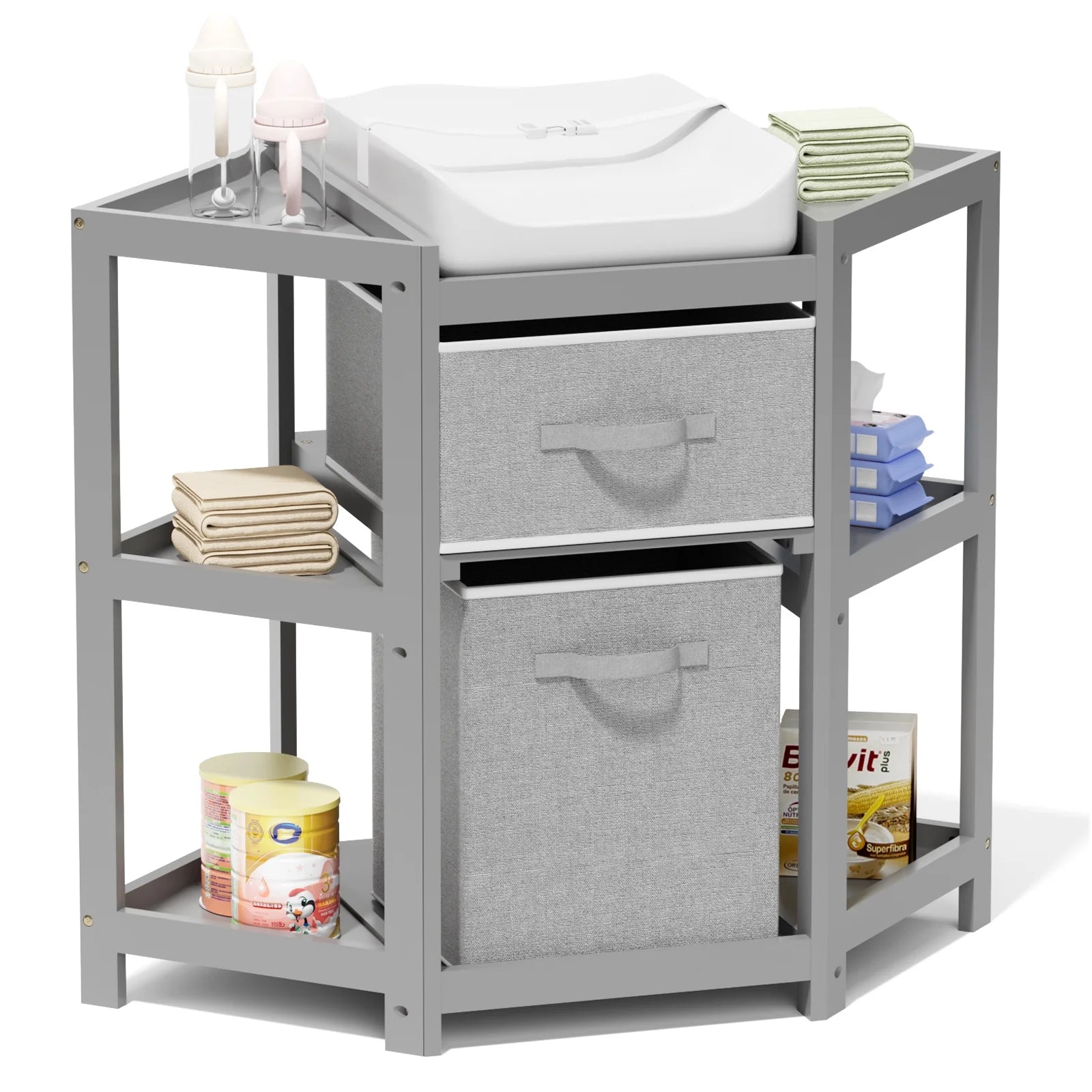 Children's Corner Gray Diaper Changing Station with Contoured Pad, Laundry Hamper, and Storage Bin