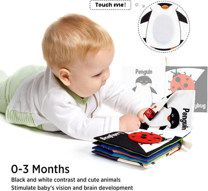 High Contrast Black & White Touch & Feel Crinkle Cloth Books for Infants and Toddlers - Early Educational Stimulation Toys for Boys and Girls, Featuring Animal Themes
