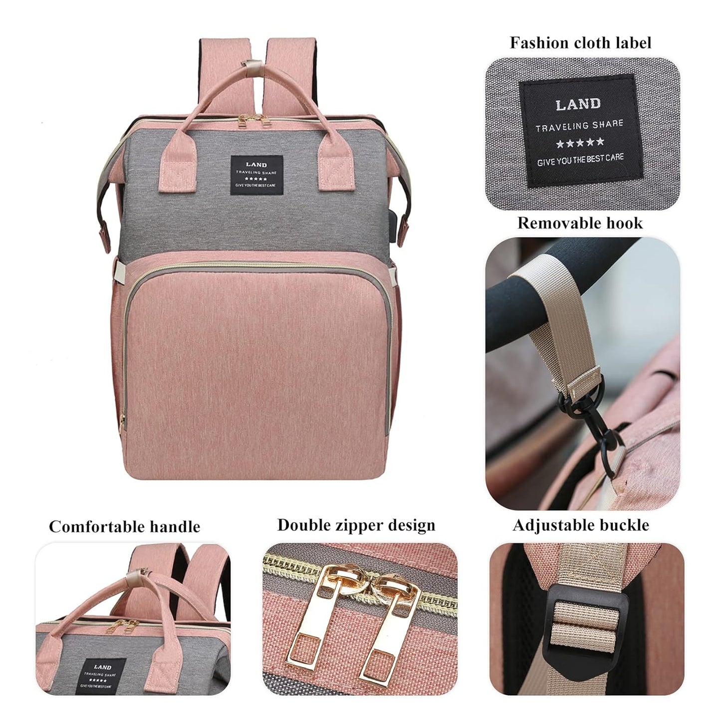 Professional Baby Diaper Backpack with Changing Station, Waterproof Design, USB Charging Port, and Spacious Multifunctional Storage for Parents (Pink-Grey)