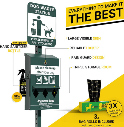 Pet Waste Station - Includes 600 Roll Bags & 50 Can Liners - Original Glow in the Dark Dog Waste Station with Dog Poop Sign, Bag Dispenser, Hand Sanitizer Bottle & Outdoor Trash Can with Lid
