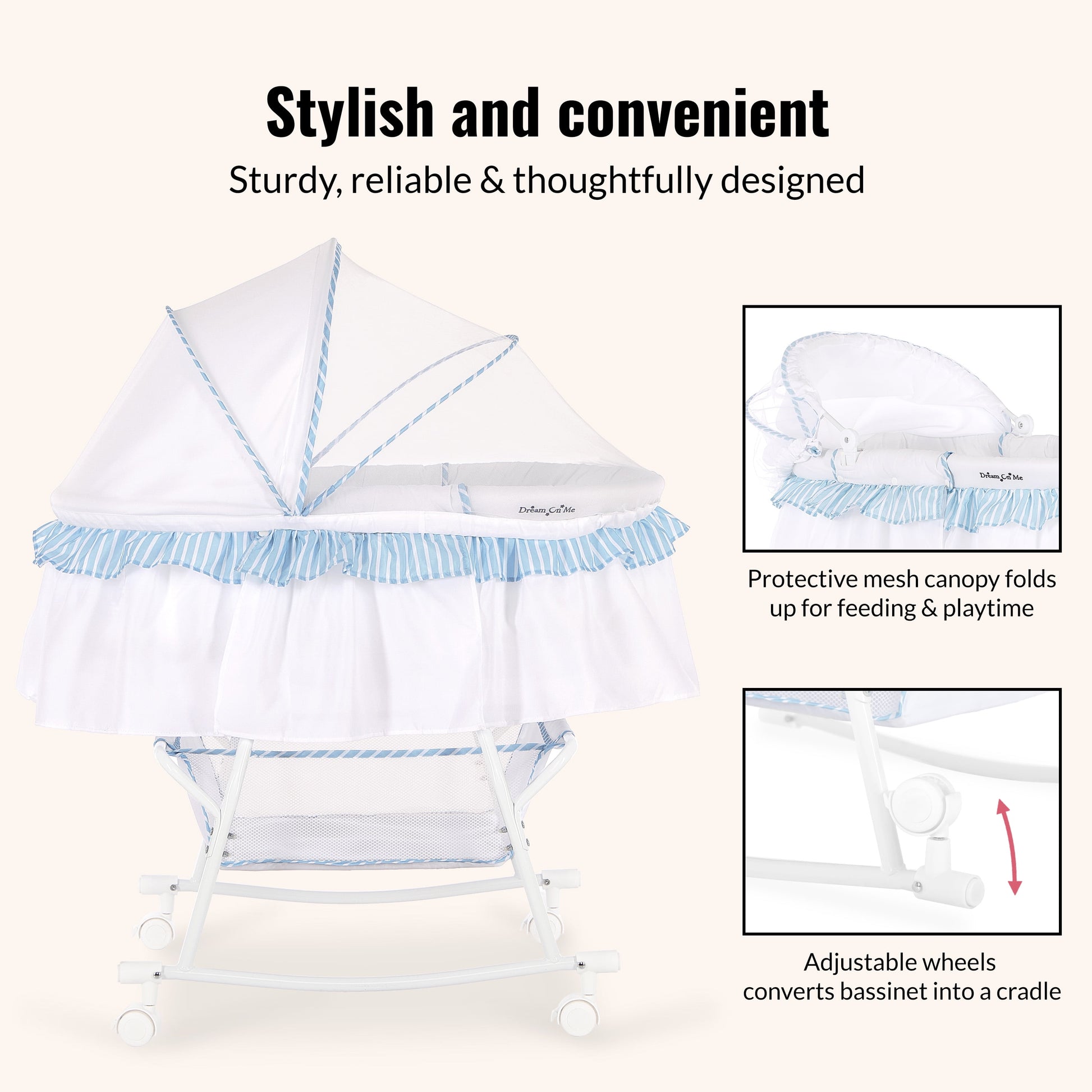 Lacy Lightweight Dual-Function Portable Bassinet and Cradle in Blue and White