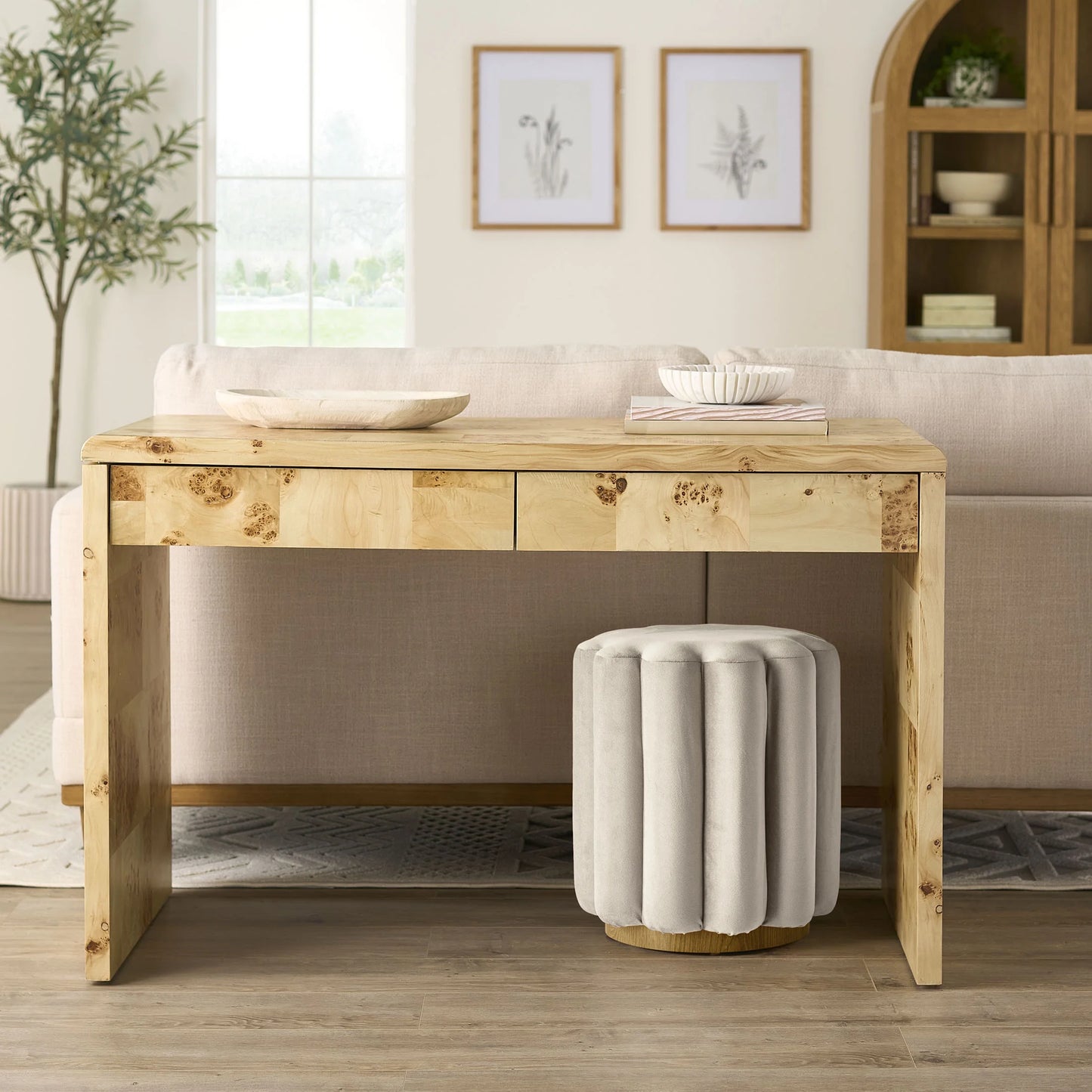 Lillian Beige Velvet Tufted Ottoman