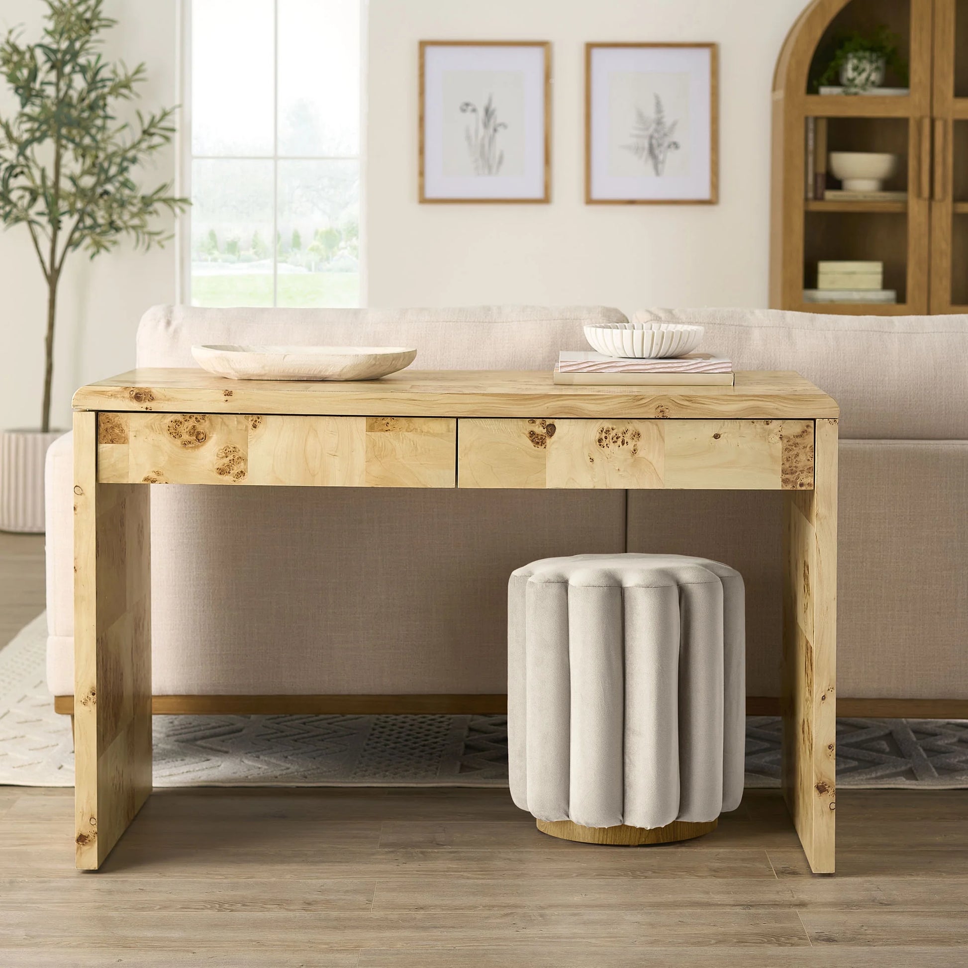 Lillian Beige Velvet Tufted Ottoman