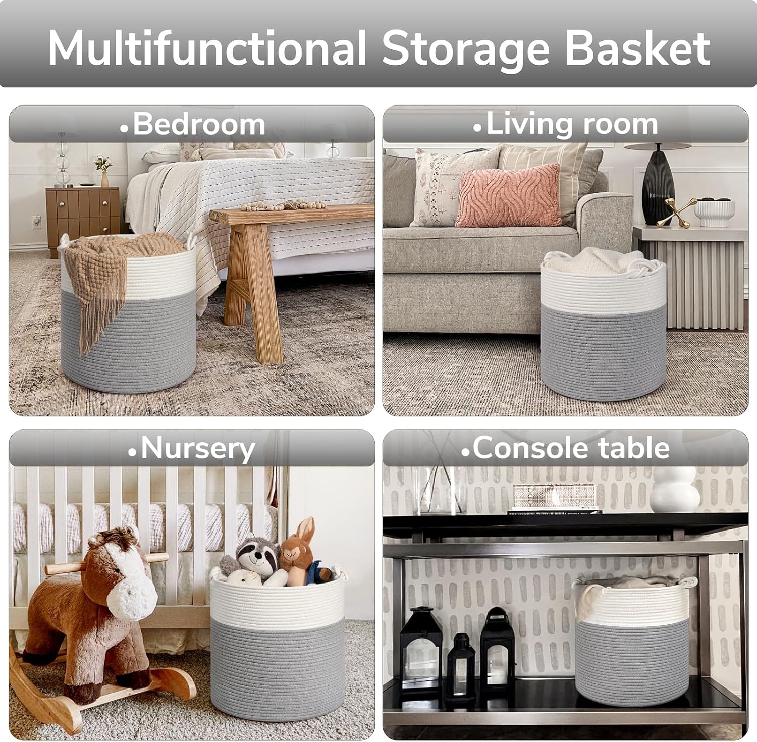 Cotton Rope Storage Basket - 15 x 14.2 Inches - Multi-Purpose Organizer for Baby Laundry and Toys with Handles - Elegant Grey Woven Design for Home Décor and Living Room Organization