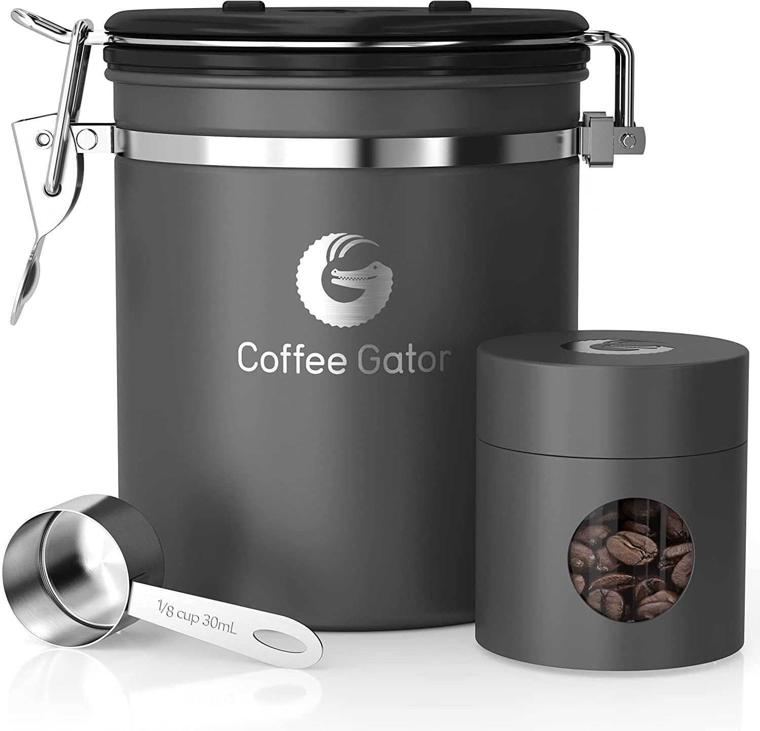 Coffee Canister Airtight, 16Oz Stainless Steel and 4Oz Borosilicate Glass Travel Kitchen Food Storage Container with Date Tracker, Scoop for Beans, Ground, Sugar, Tea, Cookies Jars