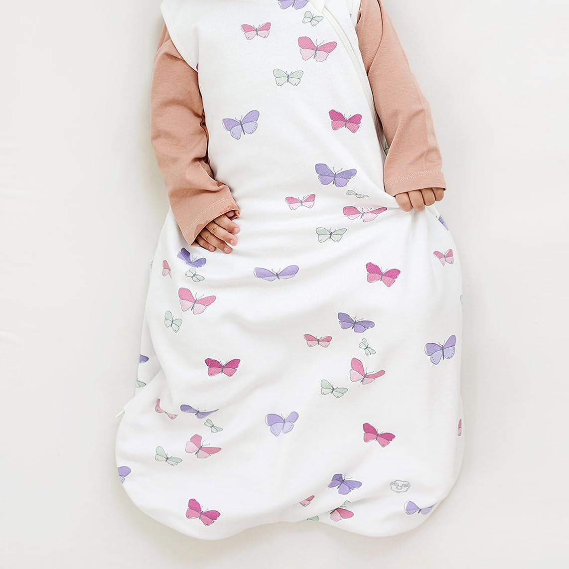 Merino Wool and Organic Cotton Baby Sleeping Bag - Classic 4-Season Sleep Sack with Two-Way Zipper for Ages 18-36 Months - Butterfly Design