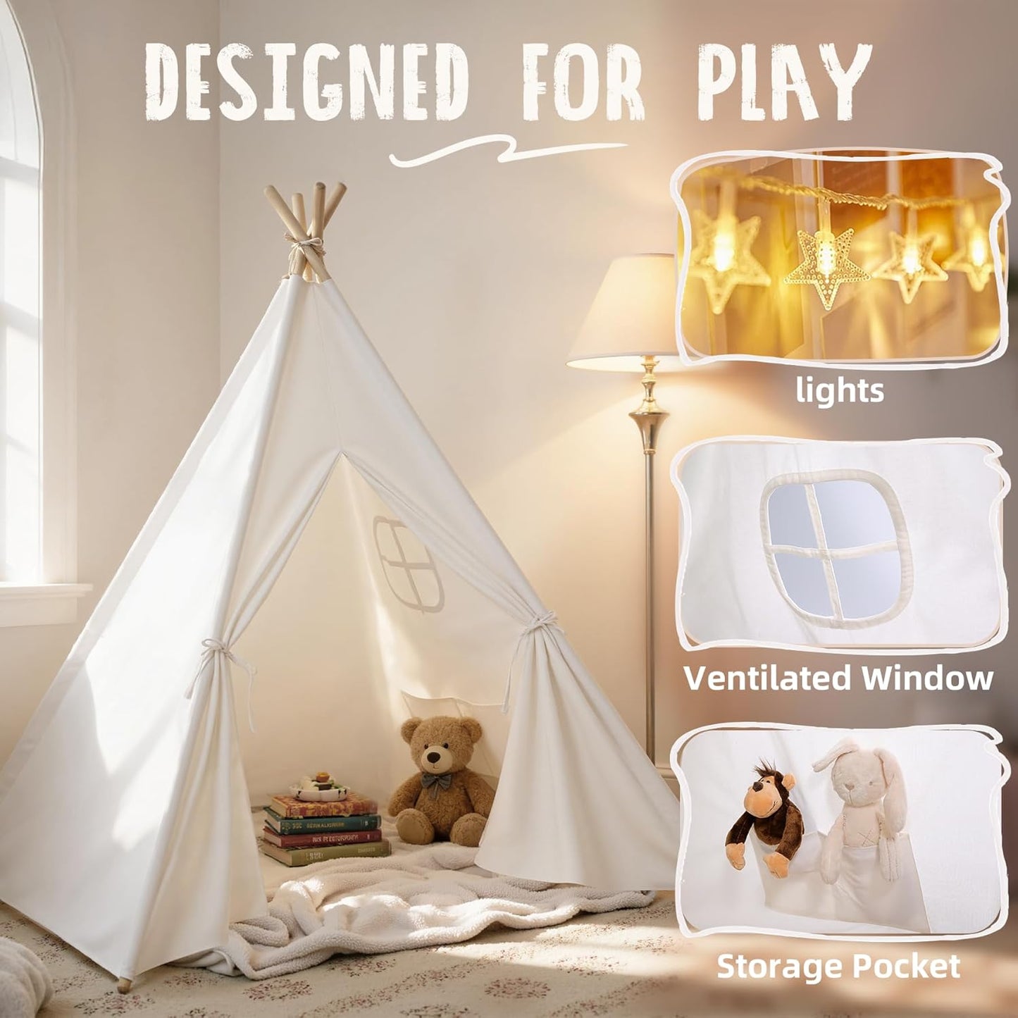 Indoor Teepee Tent for Children - Washable Toddler Playhouse with Lights for Sleepovers - Foldable Gift for Boys and Girls