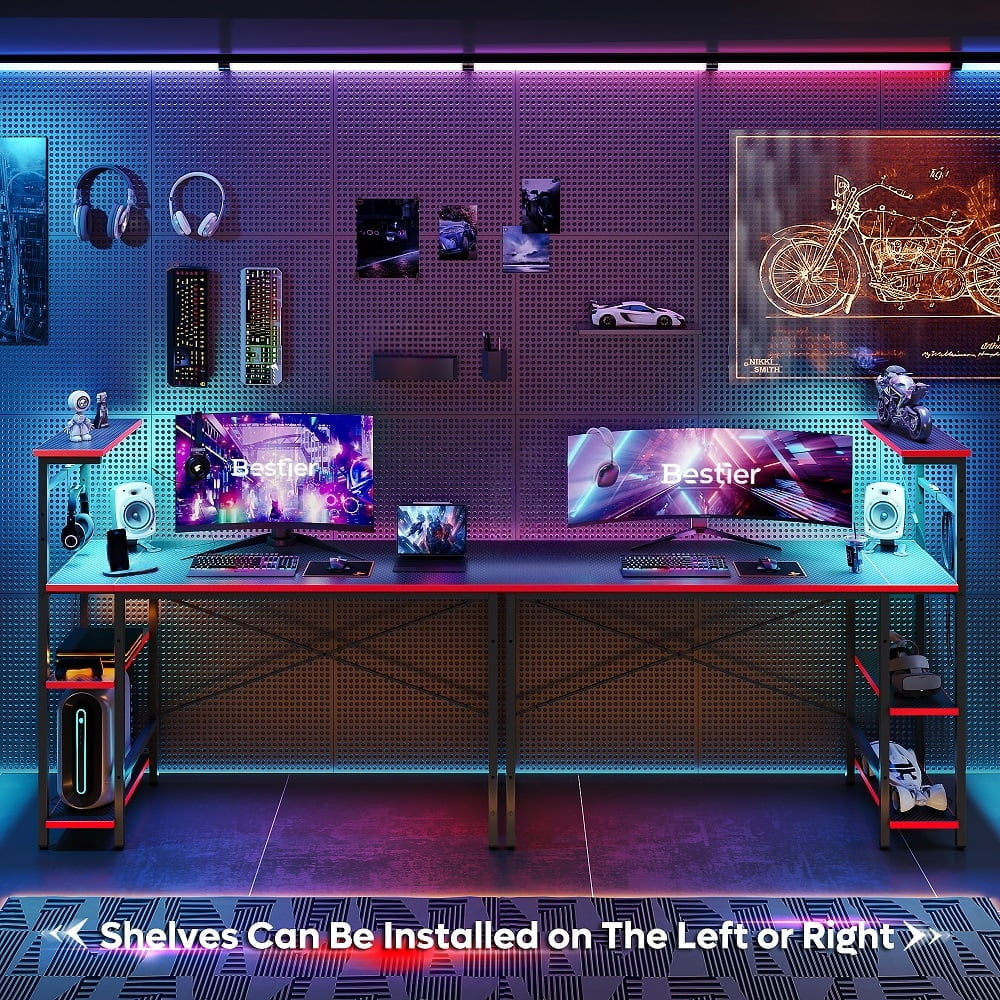 52-Inch Gaming Desk with LED Lighting and Reversible Storage Shelves, Carbon Fiber Computer Desk with Side Storage Bag for Home and Office